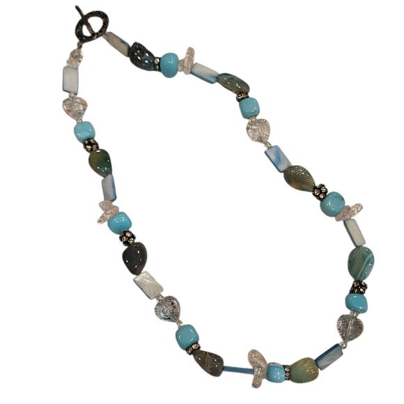 Blue White Gray Rhinestone Beaded Necklace Toggle Clasp Boho Casual - Picture 1 of 6
